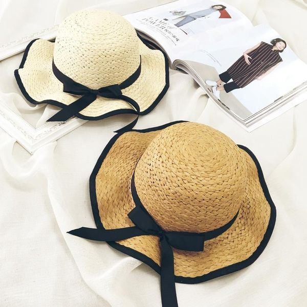 

beanies cute female child bowknot wave straw hat sun shade beach baby tide summer1