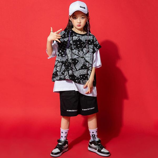 

stage wear kids hip hop performance clothing fashion printed black vest girls street dancewear jazz dance costume rave clothes bl6338, Black;red