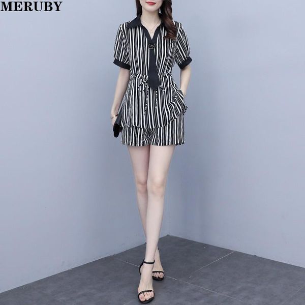 

women's tracksuits summer elegant two piece set for women fashion striped shorts suit plus size short sleeve + elastic waist outfits, Gray