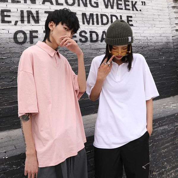 

men's polos summer men women's tshirts lapel shirts japanese short-sleeved t-shirts loose korean students all-match half-sleeved, White;black