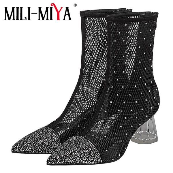 

mili-miya new arrival women kid suede ankle cool boots breathable mesh crystal pointed toe zippers fashion street shoes for lady, Black