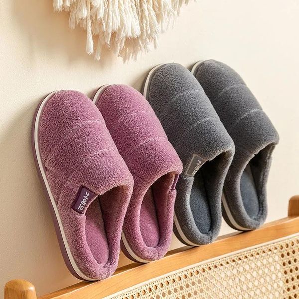 

slippers woman winter warm cotton men's home shoes simple non-slip indoor fur slides corduroy couple female footwear, Black