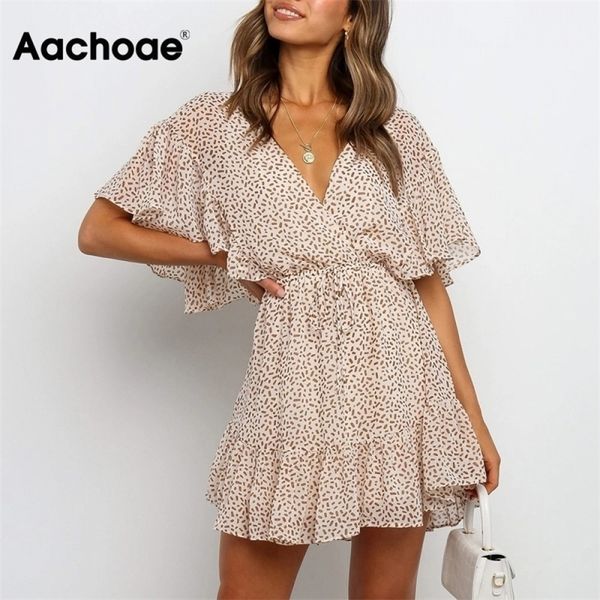 

aachoae women boho printed chiffon mini dress summer v neck ruffled beach dresses a line short sleeve holiday casual dress 210303, Black;gray