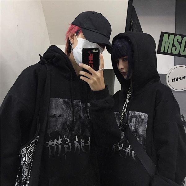 

women's hoodies & sweatshirts korea ulzzang winter punk female casual hip hop vintage couple long sleeve fun plus size cartoon letter h, Black