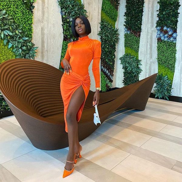 

casual dresses elegant ruched split women's midi party club outfits long sleeve mock neck 2021 fall dress clothes solid, Black;gray