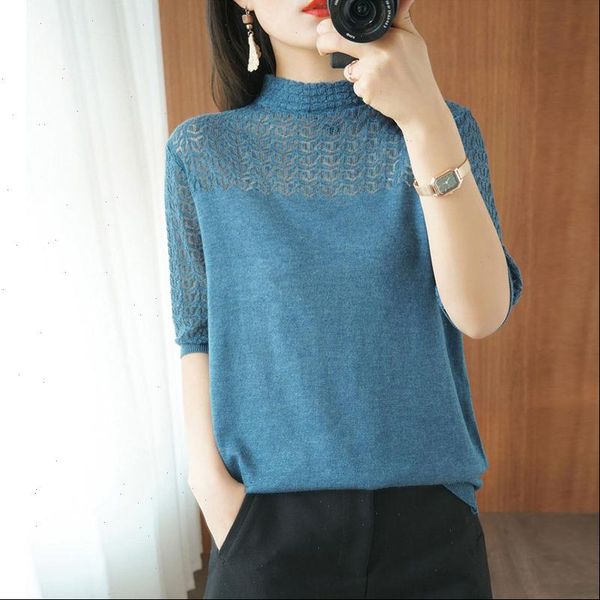 

knitted hollow half sleeved pullovers sweater women half turtleneck loose korean shirts female thin lace knit 2021 spring summer, White;black