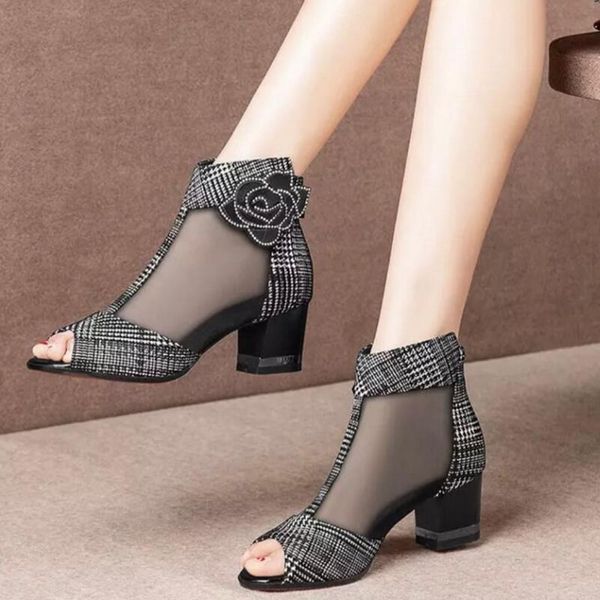 

new sandals boots mesh lace shoe woman ankle boots peep toe high heeled shoes back zip chunky heel flower black red
