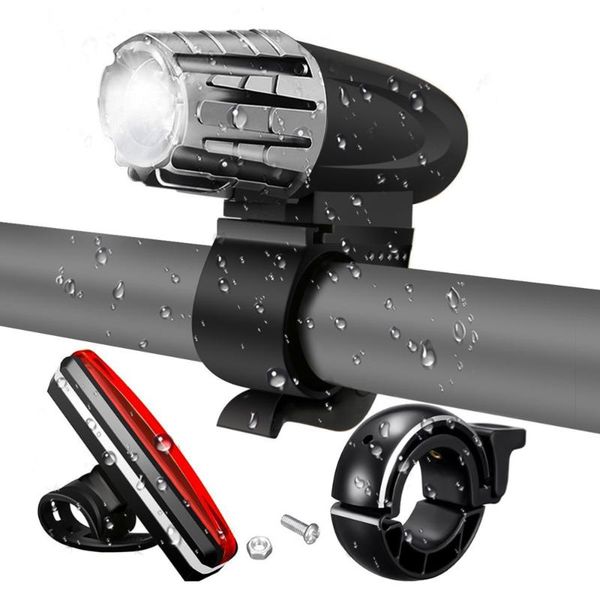 

3pcs usb rechargeable bike light waterproof front light headlight and tail back and bell kit for mountain bike road