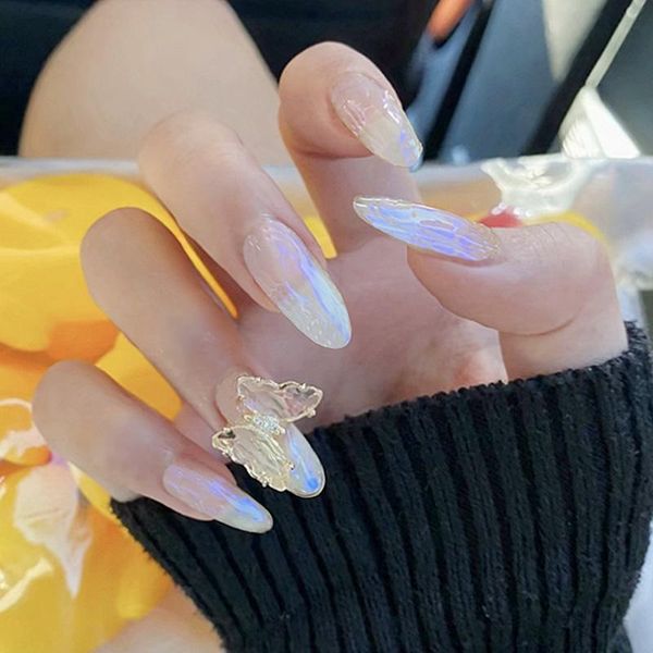 

false nails 24pcs fake with design blue light water butterfly long aurora mermaid manicure patch removable artificial, Red;gold