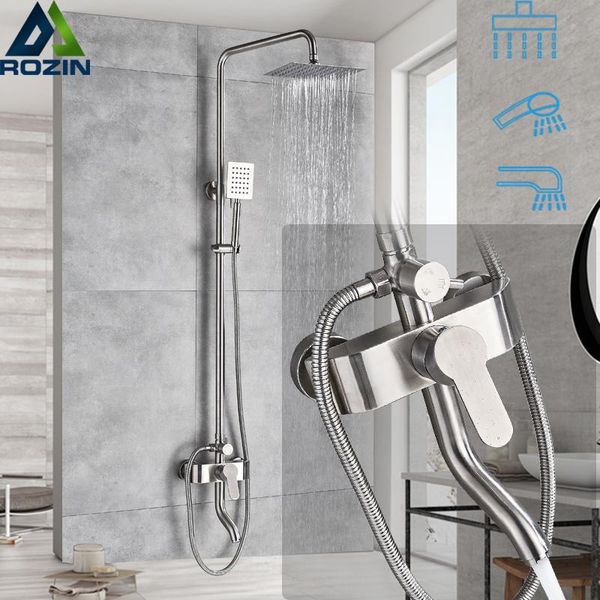 

brushed nickel rainfall shower faucet set single lever height adjustable bath shower kit rotate tub spout hand mixer tap