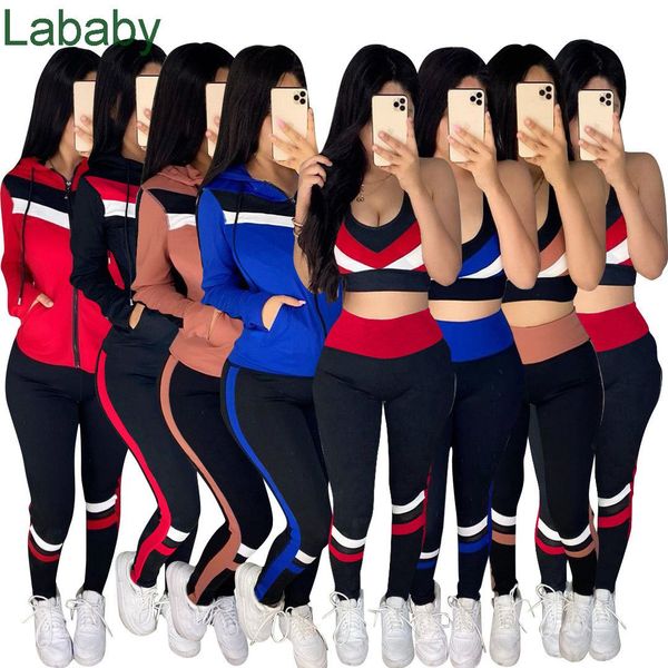 

women tracksuit 3 piece set designer contrast patchwork vest hoodie trousers outfits ladies fashion leisure sports suit 2021, Gray