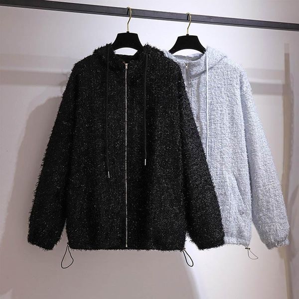 

150kg plus size spring new hooded long sleeve cardigan jacket bust 157cm 6xl 7xl 8xl 9xl 10xl loose zip black gray coat, Black;brown