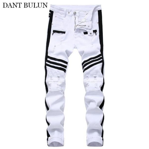 

mens jeans skinny stretch biker moto jeans men side stripe slim fit straight mens denim pants ripped zipper designer trousers, Blue