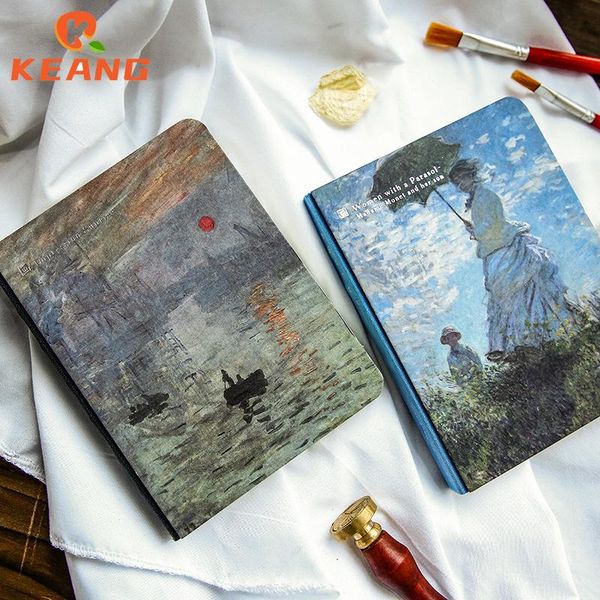 

notepads keang famous painting notebook bag back small oil monet van gogh starry sky hand book diary student stationery bg103, Purple;pink