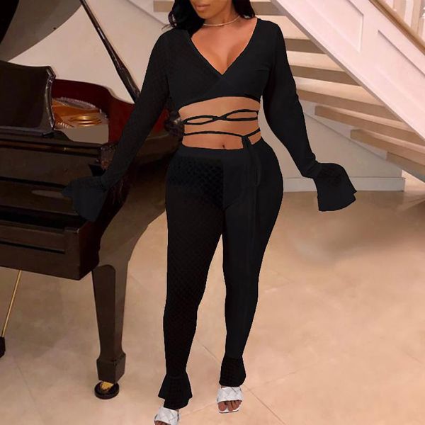 

women's two piece pants 2021 autumn women fashion pure color perspective v collar strap horn sleeve set, White