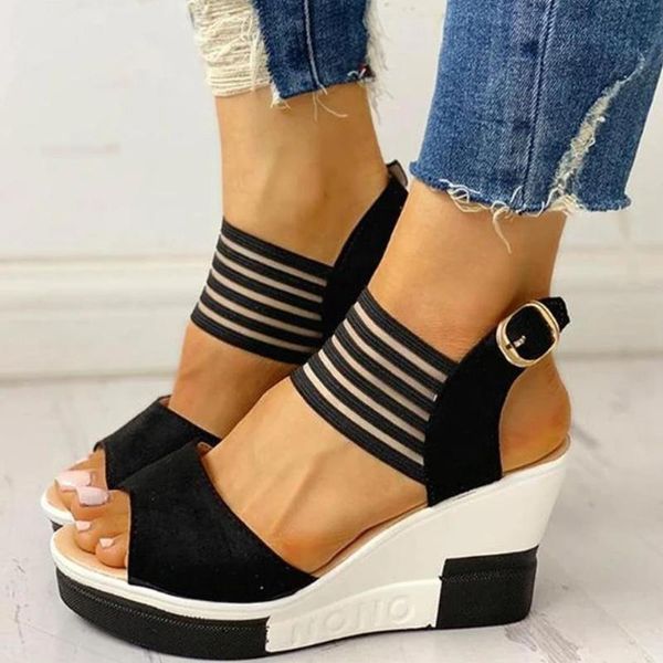 

sandals bonjomarisa ins female solid buckle high wedges open toe women casual concise comfy shoes woman, Black
