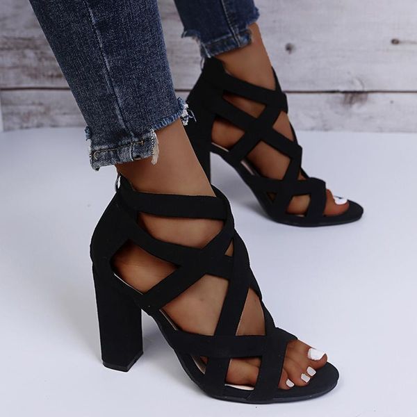 

sandals women bandage around summer ladies casual heels breathable zipper peep toe slipper comfortable beach shoes, Black