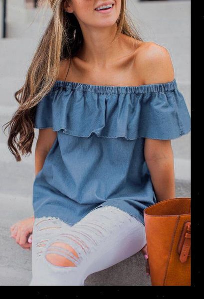 

summer womens off shoulder denim blouse ruffles shirt sleeveless casual loose blouse sweet clothing for ladies, White