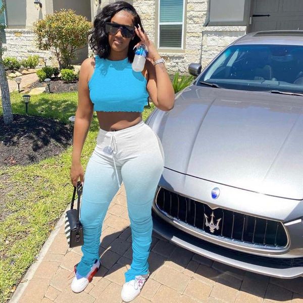 

sporty fitness women 2 piece set gradient color tank +stacked bell bottom flare jogger sweappant tracksuit matching set 3xl, Gray