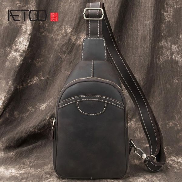 

HBP AETOO Men's Leather Chest Bag, First Layer Leather Shoulder Bag, Handmade Retro Fashion Casual Trend Messenger Bag, Black