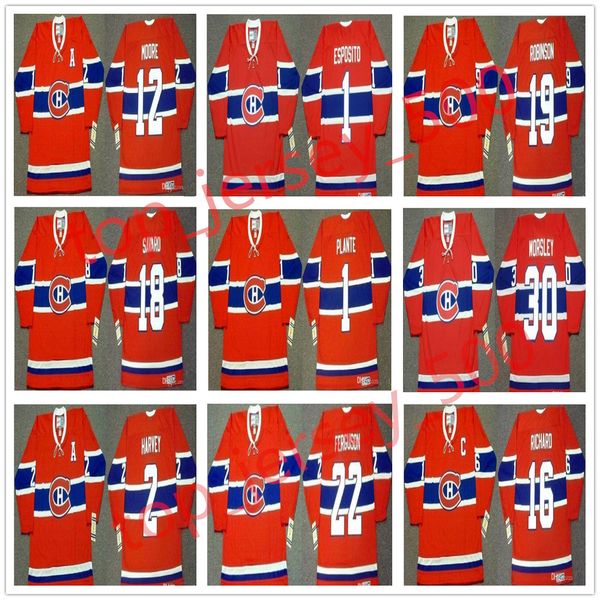 

vintage montreal canadiens jersey 5 guy lapointe 1 jacques plante 12 dominic moore 2 doug harvey 16 henri richard bob gainey custom hockey, Black;red