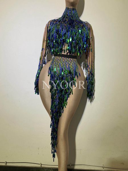 

sequins fringes dancer stage wear + skirt suit women backless slit party dress nightclub show performance dance costume, Black;red