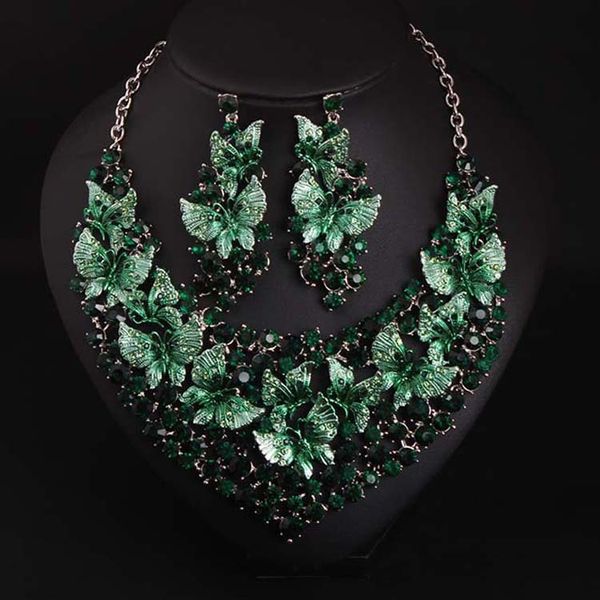 

jewelry set butterfly painting oil filled diamond necklace earring set exaggerated dress dinner women's accessories, Slivery;golden