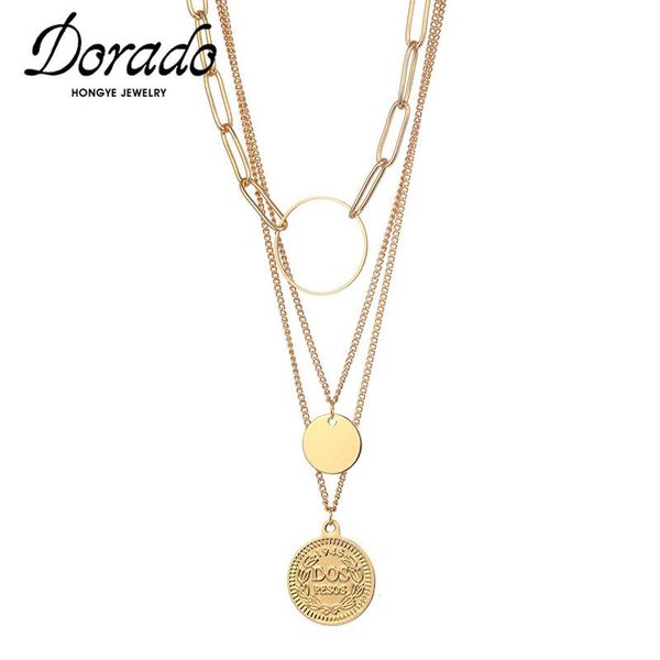 

pendant necklaces dorado vintage multilayer clavicle chain circle round coin metal necklace for women party jewelry statement collier, Silver