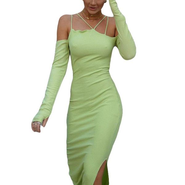 

casual dresses autumn women slim close-fitting off-the-shoulder ladies female green solid color long sleeve slit party midi skirt, Black;gray