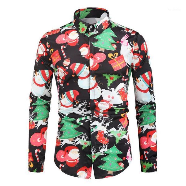 

men's casual shirts 2021 cartoon pattern christmas men merry shirt rugular fitted long sleeve mens clothes men1, White;black