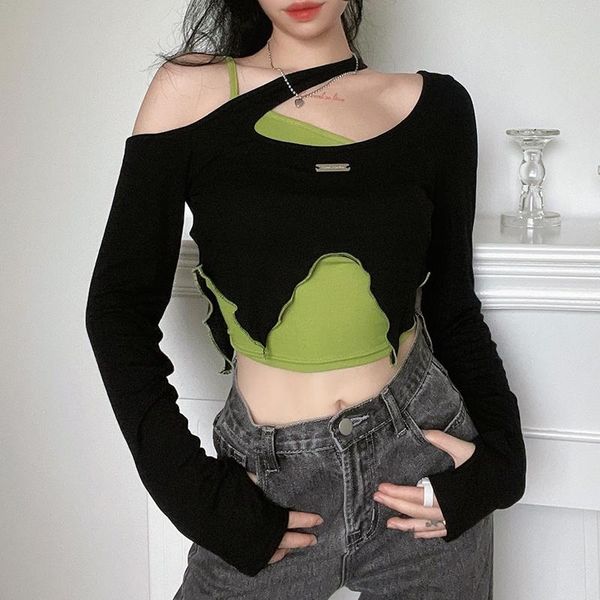 

women's t-shirt fafa cool girl contrast color two-piece set fashionable and versatile green suspender irregular off shoulder blouse, White