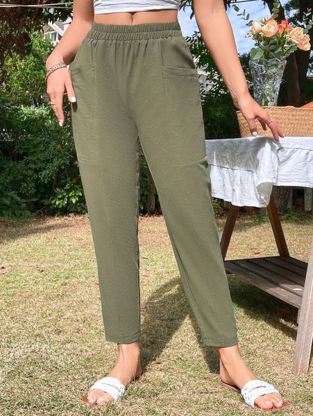 

solid crop carrot pants m6o1#, Black;white