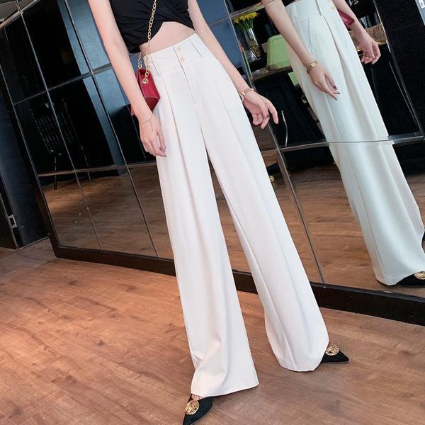 

women's pants & capris 2021 spring summer woman white suits wide leg high waist solid color ice silk casual loose full length trousers, Black;white