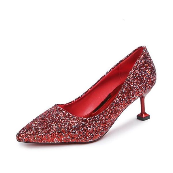 

female fashion pumps sparkling material thin heels pointed to women's wedding party shoes size 35-40 xpo5, Black