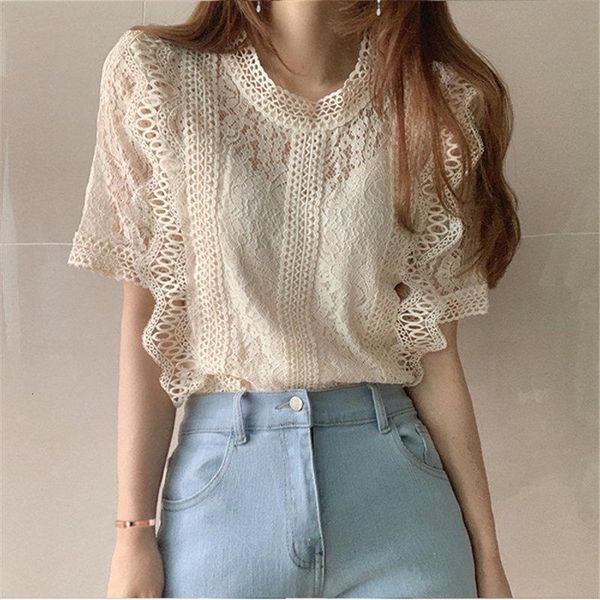 

high street chic lady all match slim fairy 2021 loose hollow out basic women sweet new summer shirts, White