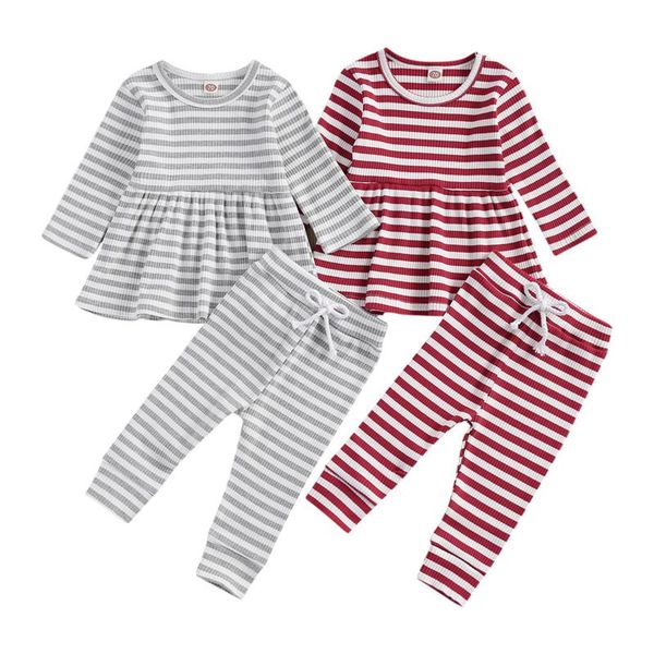 

clothing sets 0-3y born spring autumn baby girls clothes striped ruffles long sleeve dress pants leggings 2pcs cotton outfits, White