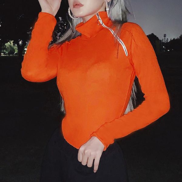 

women's jumpsuits & rompers 2021 autumn long sleeve high neck neon orange bodysuits women fashion casual skinny slim fit body chic zipp, Black;white