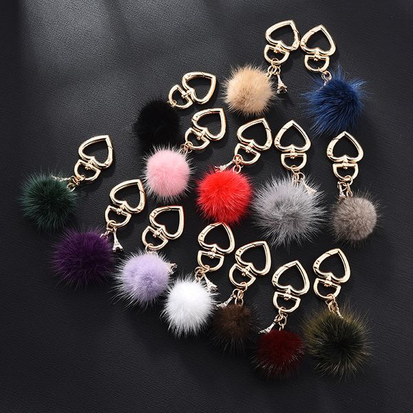 

10Pieces/Lot 2pcs new mink peach heart fur ball keychain fur ornaments car key ring love plush ornaments