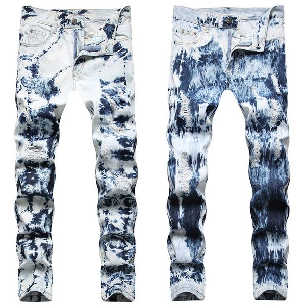 

men's jeans men casual straight ripped tie dye regular fit trousers denim pants fashion, Blue
