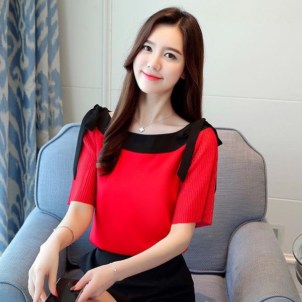 

women's blouses & shirts women spring summer style chiffon lady casual short sleeve slash neck white biege red blusas df3087