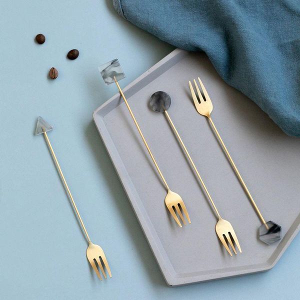 

forks geometric long thin handle stainless steel golden fork household cake western dinner tableware utensil