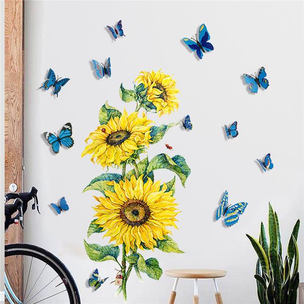 Großhandel Sonnenblumen-Wandaufkleber mit 12 bunten 3D-Schmetterlings-Wandaufklebern, kreative abnehmbare Blumen-Wandbilder, DIY-Kunst-Dekor, Heimdekorationen