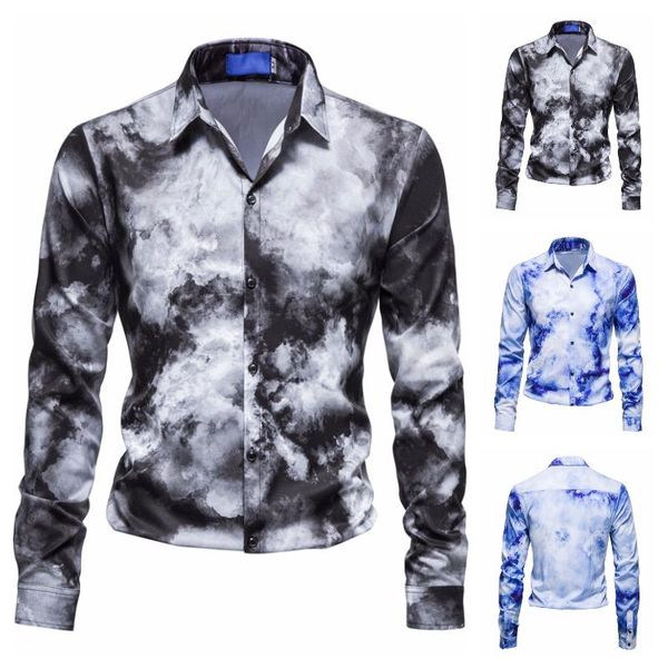 

men's dress shirts autumn 2021 business casual lapel vertical chinese feng shui ink printed long sleeve shirt, White;black
