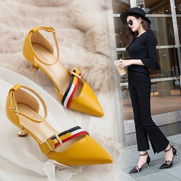 

sandals version of the fashion pointed shallow mouth buckle high heels word with fine professional ol women's shoes, Black