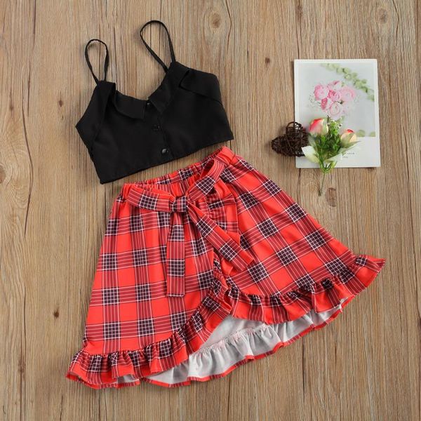 

toddler baby contrast color two-pieces set summer 2021, infant girls' sleeveless sling + high waist plaid printing skirt set, White