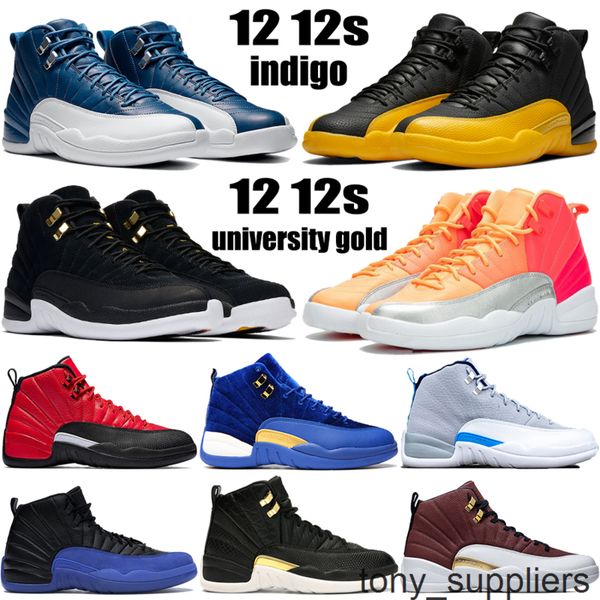 

new arrival indigo 12 12s jumpman basketball shoes university gold reverse flu game iridescent reflective sunrise cny mens sneakers trainers, Black