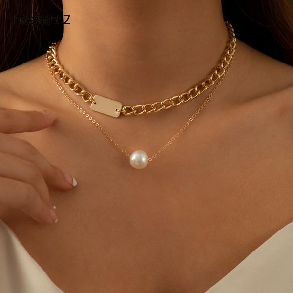 

chains 2021 thick curb chain choker necklace collar multi layered pearl pendant necklaces for women statement jewelry wedding gift, Silver