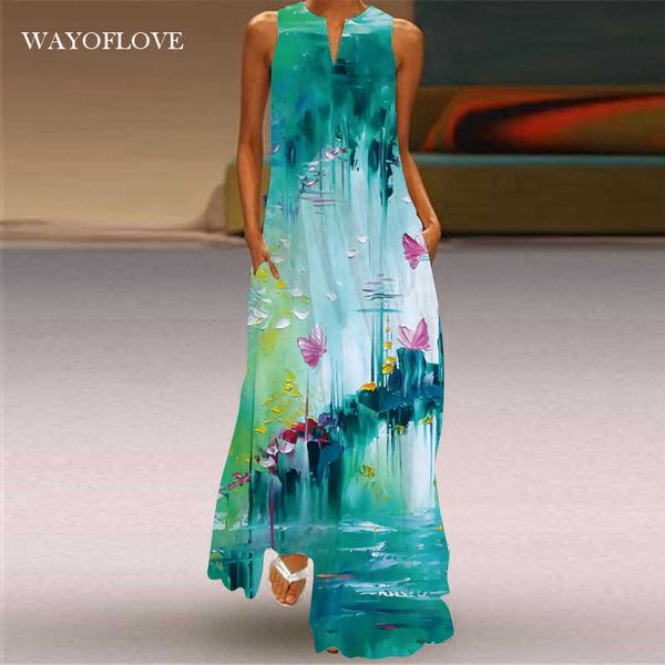 

wayoflove fashion green sleeveless dress robe beach casual plus size girl long dresses summer woman holiday dress for women 210602, Black;gray