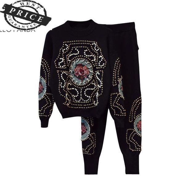 

women's two piece pants 2021 autumn and winter two-piece european beaded cross-stitch sweater woman suit, White
