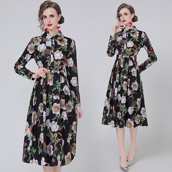 

casual dresses simgent blouse dress woman long sleeve turn down collar midi print black robes for women vestidos jurken sg182311, Black;gray